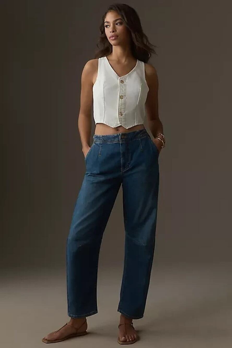 Pilcro By Anthroplogie The Leni Denim Jeans Mid-Rise Barrel Tapered Leg Blue 28T